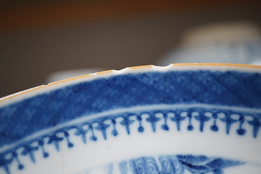 An 18th century Chinese export blue and white plate, together with two other dishes and two ginger jars. Condition - varies